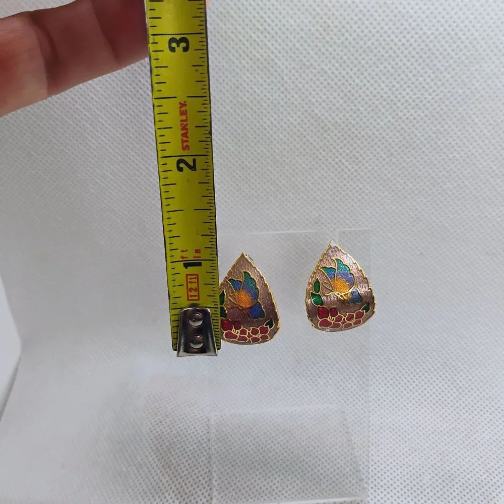 Vintage Cloisonne Enamel Butterfly Flower Earrings Pierced Teardrop Huggie Style - Picture 3 of 4